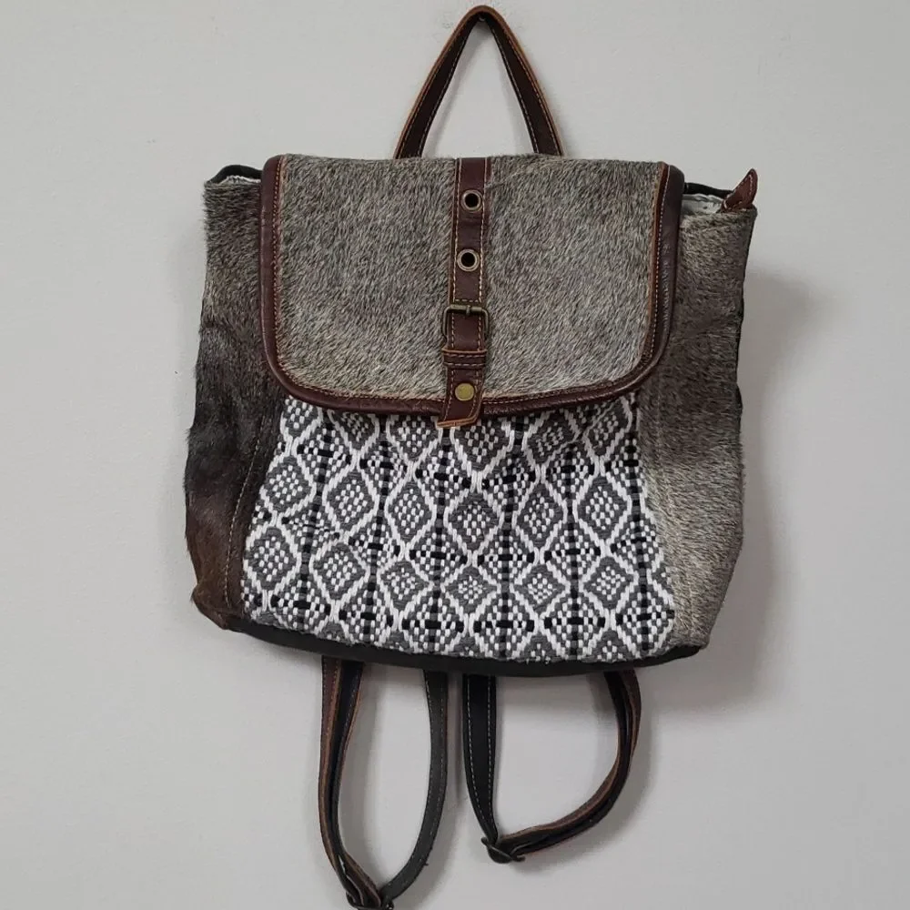 Myra Bag Backpack Unisex Woven,  Canvas and Hairon Leather Rustic Western
